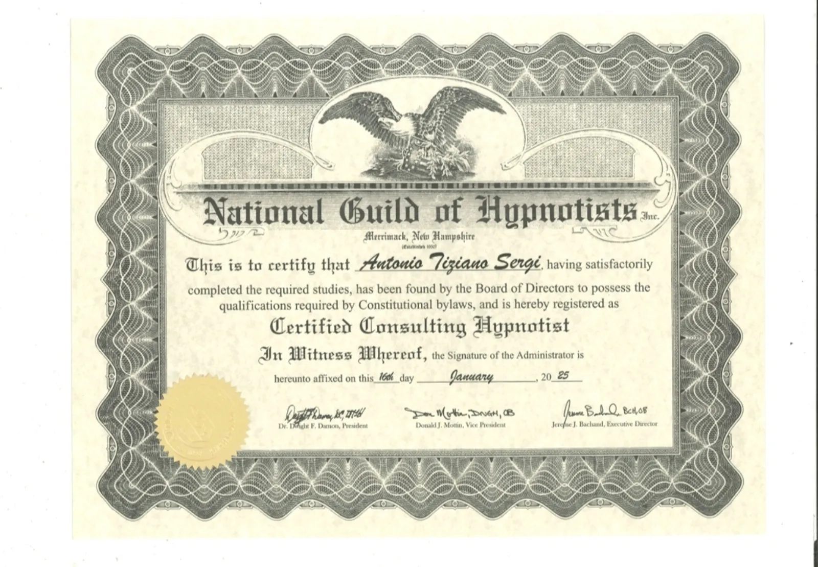 Certificato professionale di Antonio Tiziano Sergi come consulting hypnotist