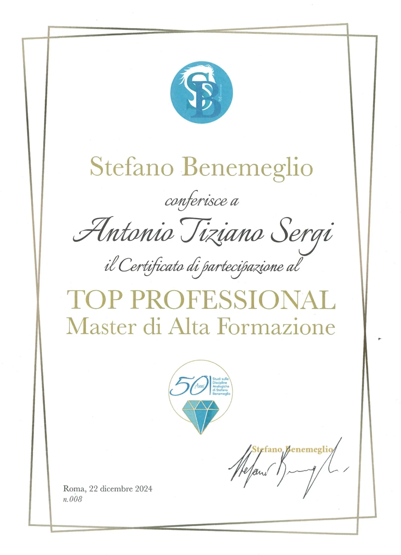 Certificato top professional master di alta formazione Antonio Tiziano Sergi