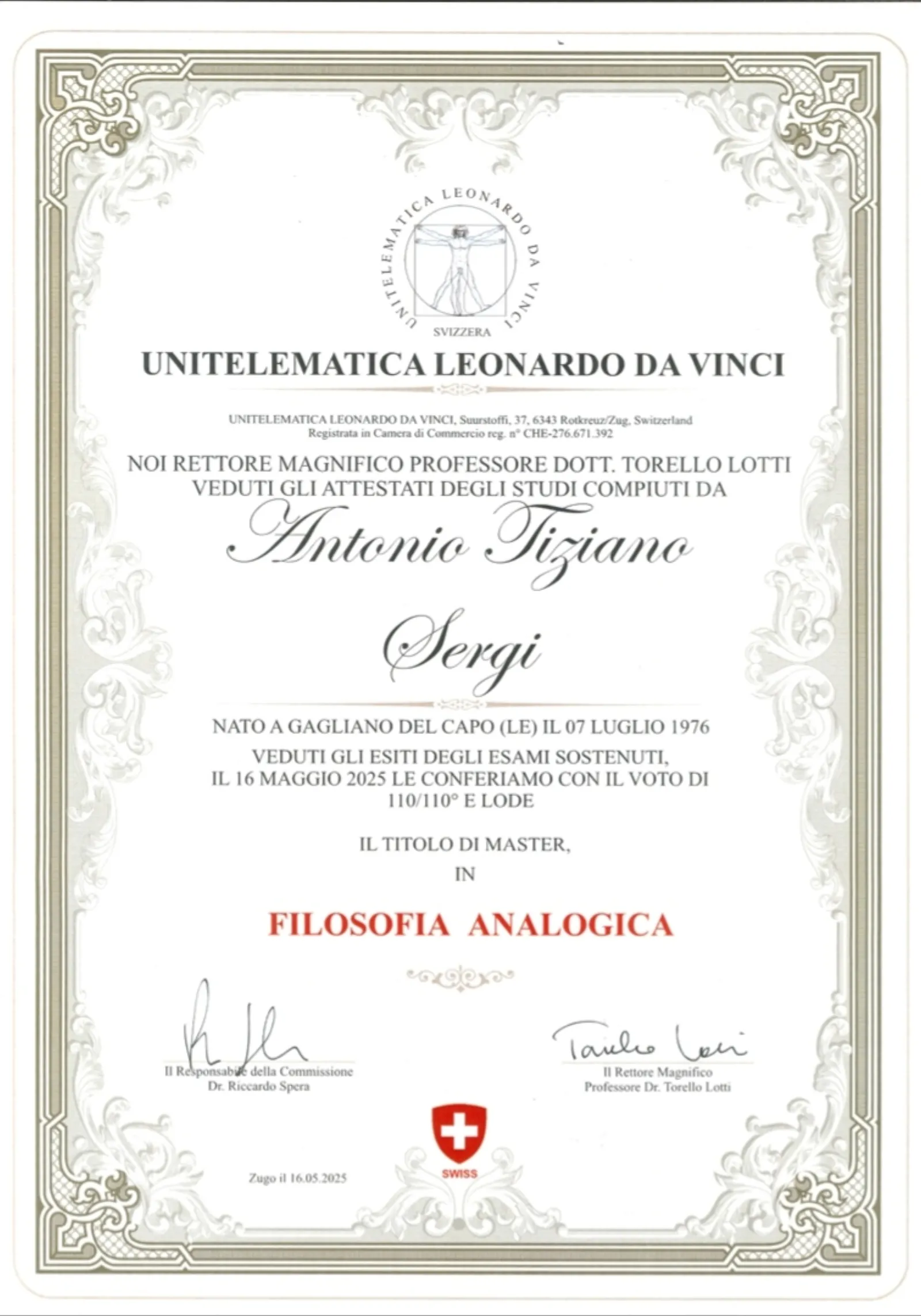 Diploma master in filosofia analogica conseguito da Antonio Tiziano Sergi