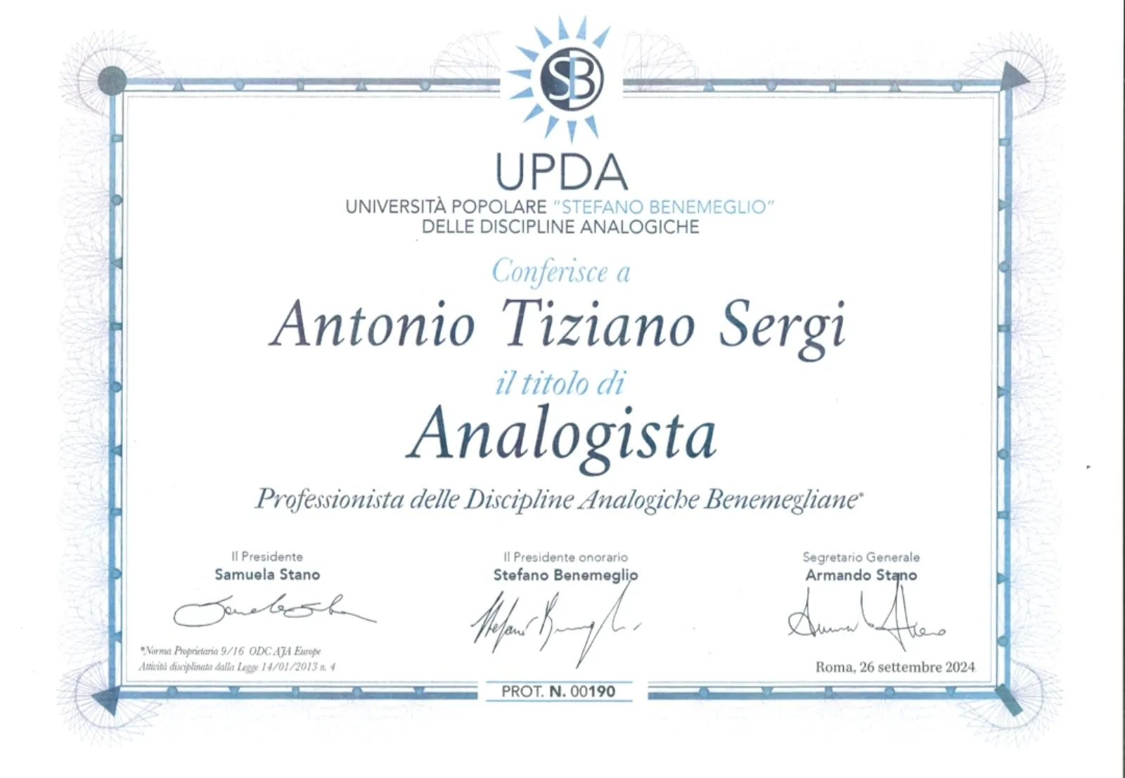 Certificato titolo analogista Antonio Tiziano Sergi discipline analogiche